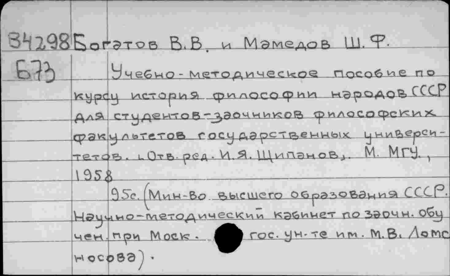 ﻿г 8Н?.98	£ог	'Ч 'ЭТ^В В. В 4i МямедоВ UL Я7-
ьь		Нчебно - методическое Пособие п о...
	И и рс	XJ- ИстО р> И 9 tpzinQÇQ (рии нэ р_£ХДОЙ>.-СС.СР
—	Jr ГРЭК	сти[декуто5-_а,аочниусо1?, ср и л о со сроке и х.
		и) л ь тетой г oej fia <рс~Гтемных	1рА.ийср>с.Ит_
		► я?. uQtf>-уед » И,Я.	И-. NtT^L r _
	1 95<	iU_
		9) 5c. и и - Во высшего OGpa-»>o вациэ СССР •
		и и о - пл етод ул м ес <ч й . кабимеет по 33очи- oÇy
	чей	V.Bi .’.О1ЧС.
	нос.	’8Э? • w